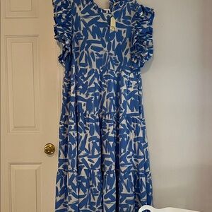 Jodifl Blue and White Ruffle Sleeve Dress